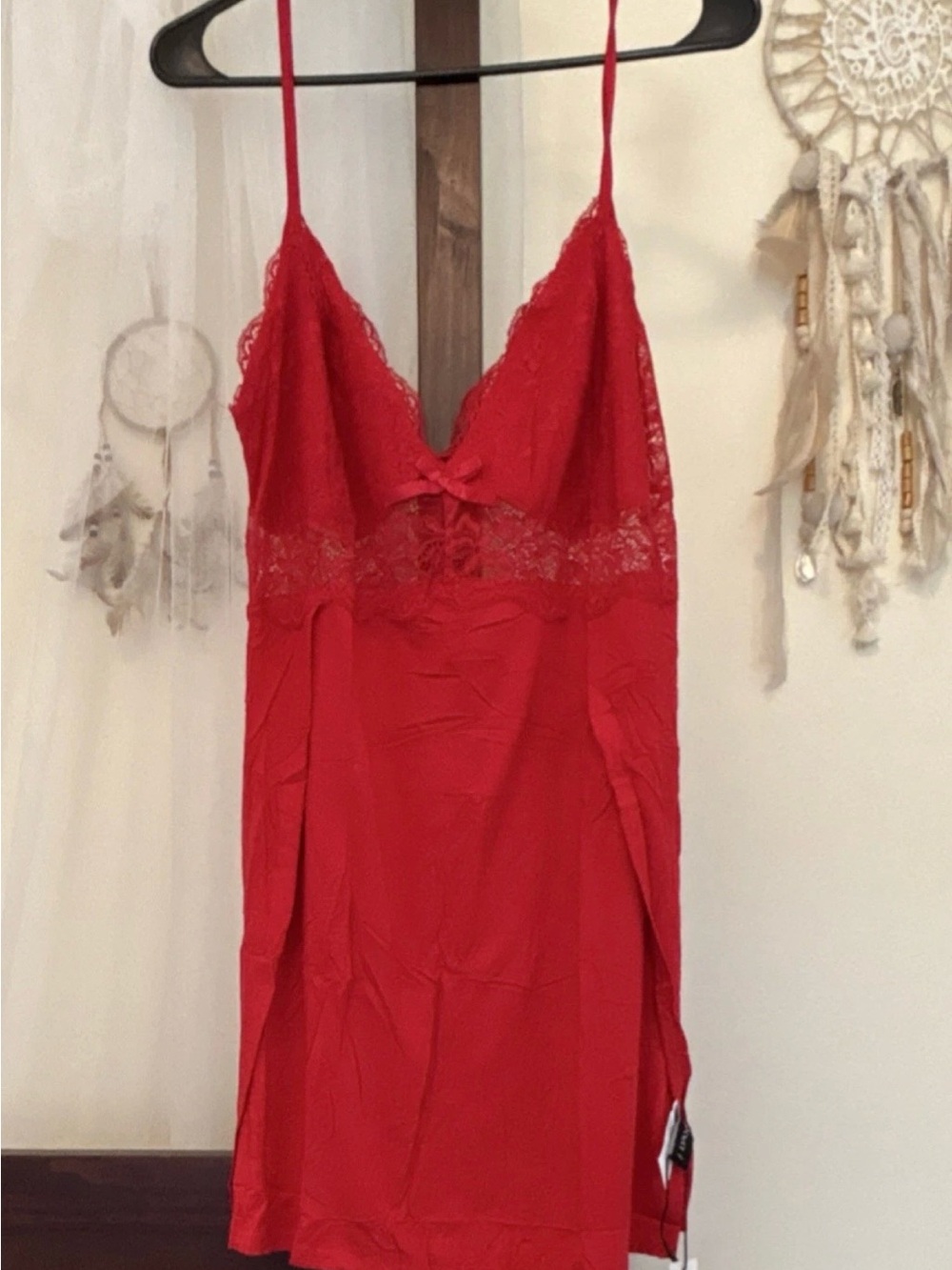 Red Lace-Trim Slip Chemise with Bow Accent
